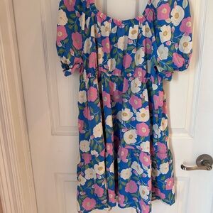 JODIFL Blue Floral Puff-Sleeve Casual Dress with Pink & White Flowers